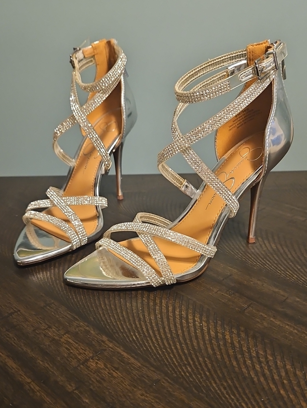 Jessica Simpson Hotfix Silver Rhinestone Strappy High Heel Sandals - Size 8